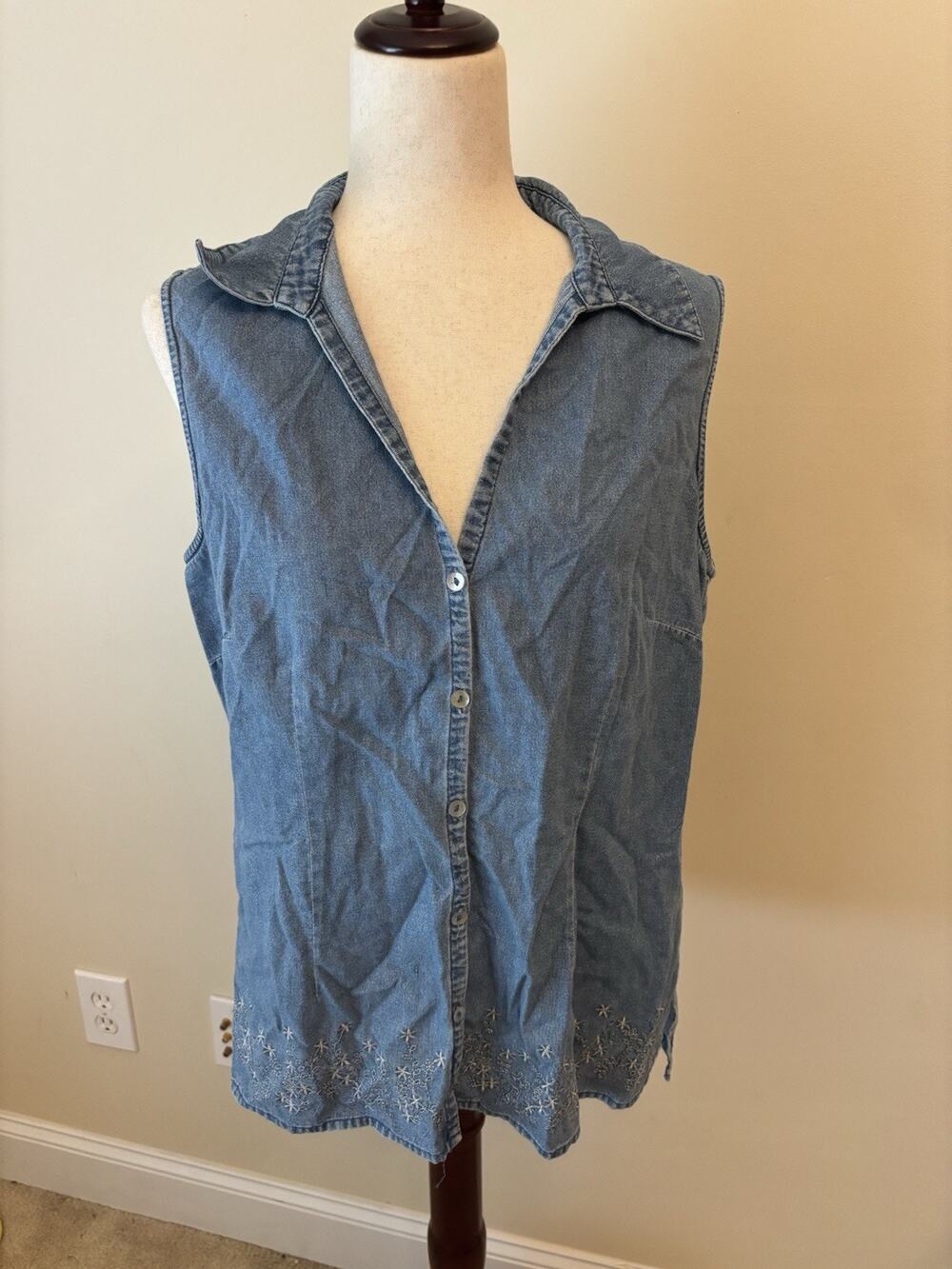 Robbie Bee Vintage 80s Metallic Denim Button-Up Sleeveless Snowflakes size 16